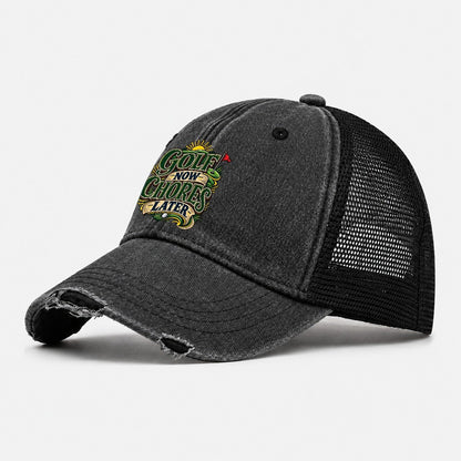 Golf Now Chores Later Retired Living Washed Trucker Hat – Black