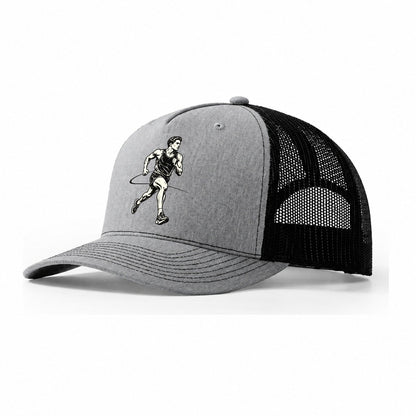 Distance Runner On The Curve Global Sports Ink Figures Trucker Hat – Sport Grey Black