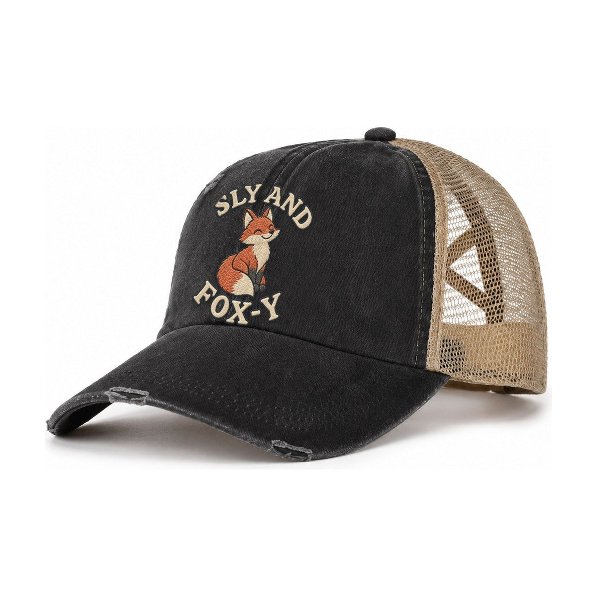 Fox Animal Puns Women's Ponytail Trucker Hat – Washed Black Khaki