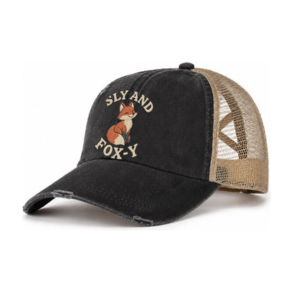 Fox Animal Puns Women's Ponytail Trucker Hat – Washed Black Khaki