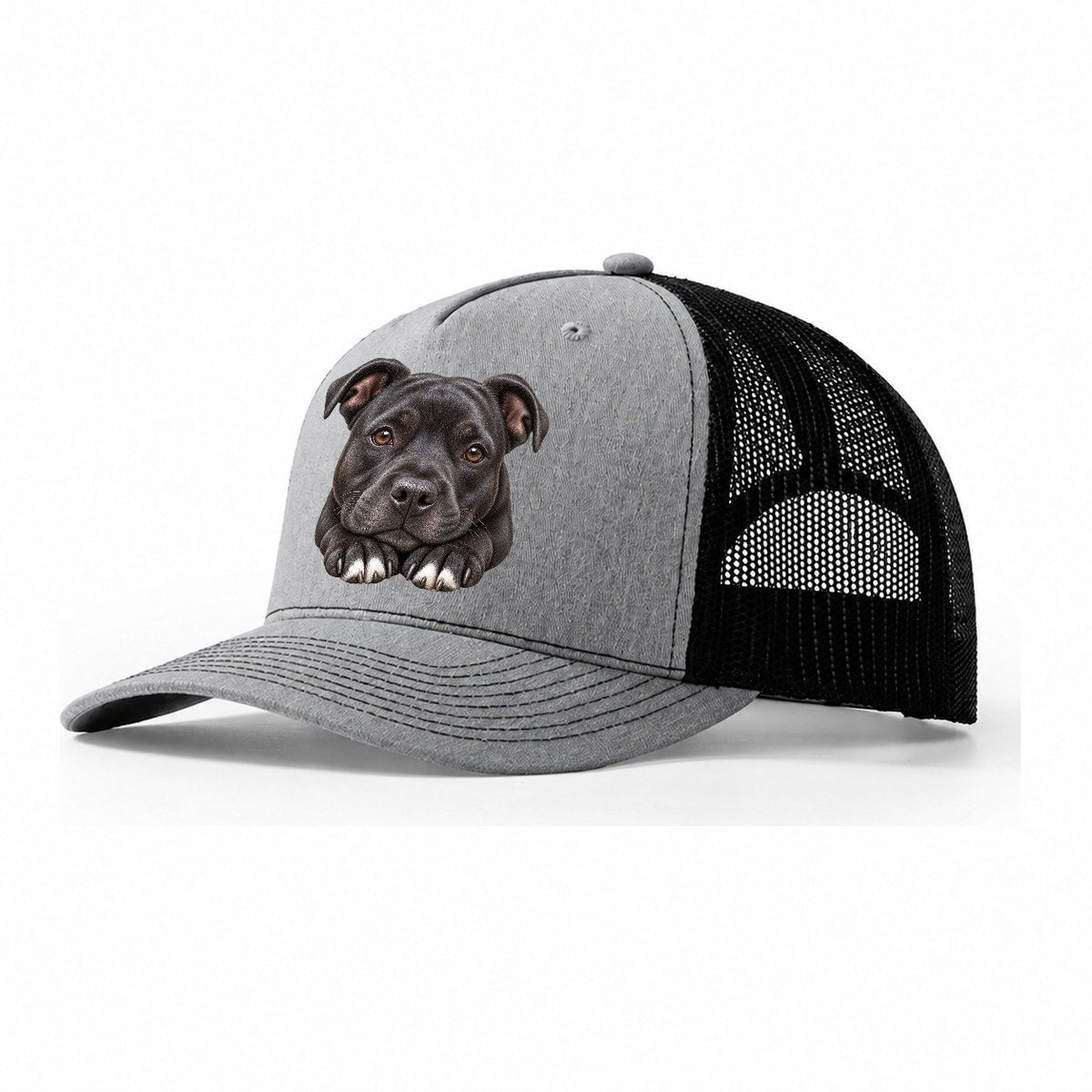 Staffy Paws Beneath Chin Pastimes Companions Trucker Hat – Sport Grey Black