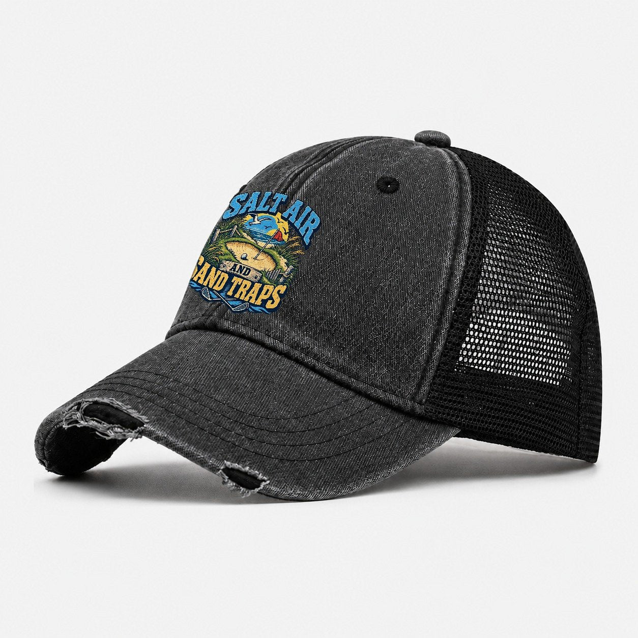 Salt Air And Sand Traps Golf Life Washed Trucker Hat – Black