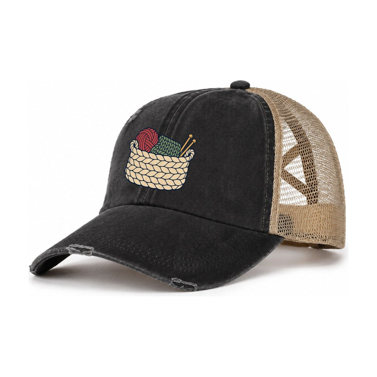 Unfinished Project Basket Yarn Crafts Women's Ponytail Trucker Hat – Washed Black Khaki