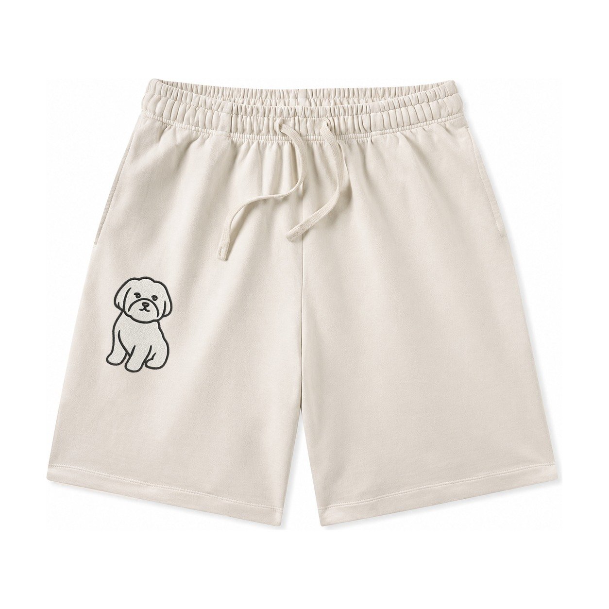 Maltese Pure White Fluffy Embroidered Design Washed Shorts – Beige