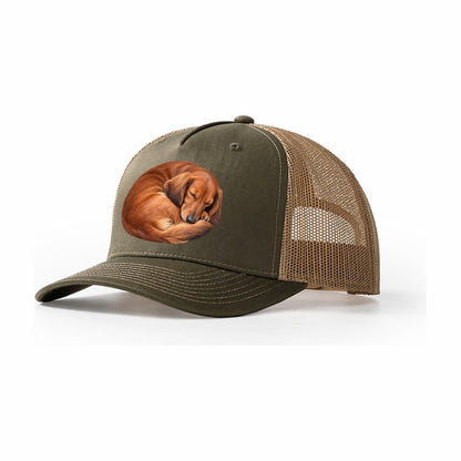 Curled Red Dachshund Everyday Originals Trucker Hat – Olive Khaki