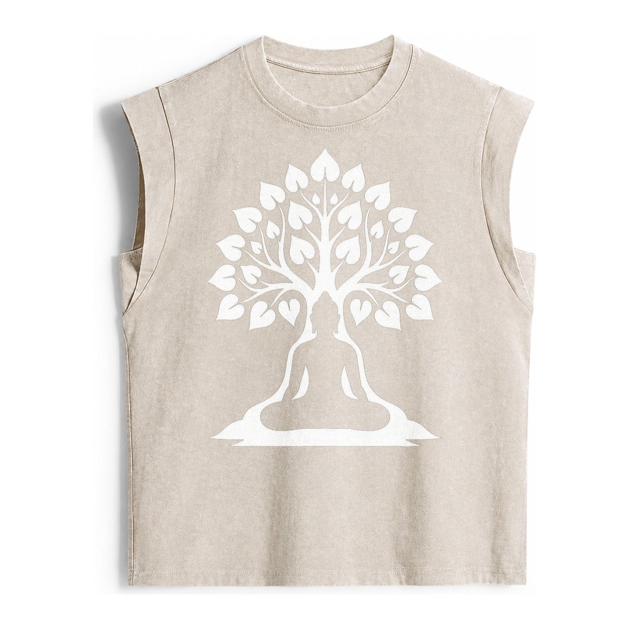 Buddha Silhouette Meditating Negative Space Forms Bodhi Tree Vintage Washed Tank – Beige