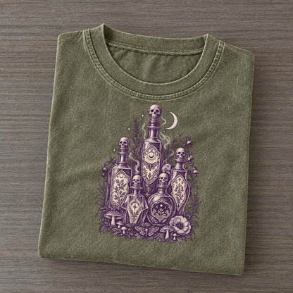 Poison Bottle Row Midnight Haunt Vintage T-shirt – Army Green