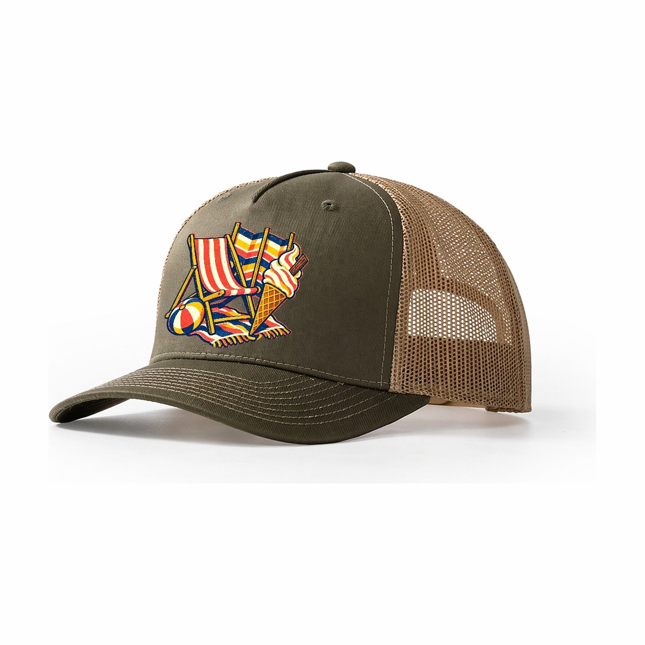 British Seaside Deckchair Windbreak And Ice Cream Uk Culture Heritage Trucker Hat – Olive Khaki