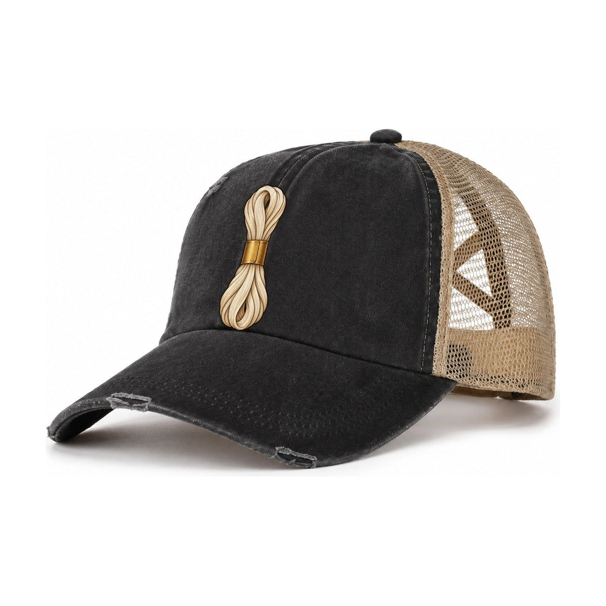 Floss Skein And Band Women's Ponytail Trucker Hat – Washed Black Khaki