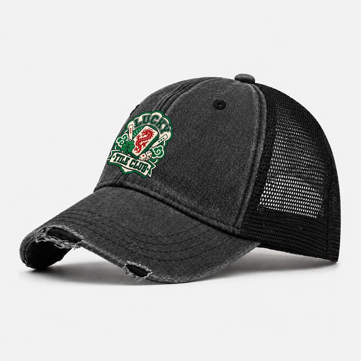 Lucky Tile Club Mahjong Game Night Washed Trucker Hat – Black