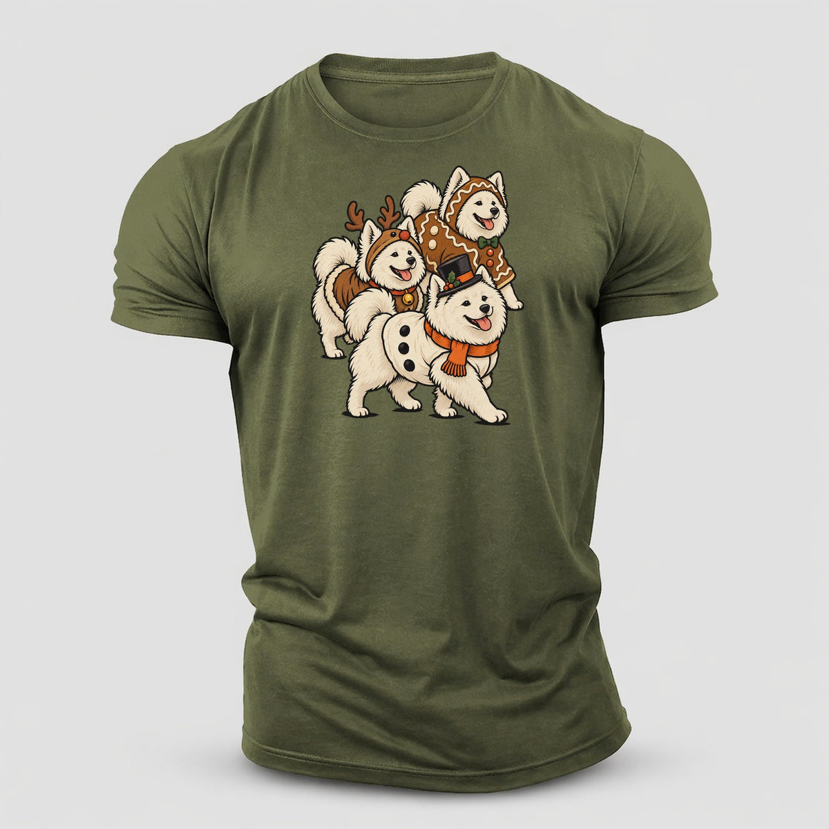 3 Samoyeds In Halloween Costumes Hdp 36 Parade Lineup Halloween Dog Parade Cotton T-Shirt – Army Green