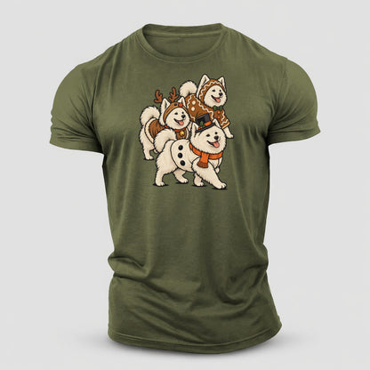 3 Samoyeds In Halloween Costumes Hdp 36 Parade Lineup Halloween Dog Parade Cotton T-Shirt – Army Green
