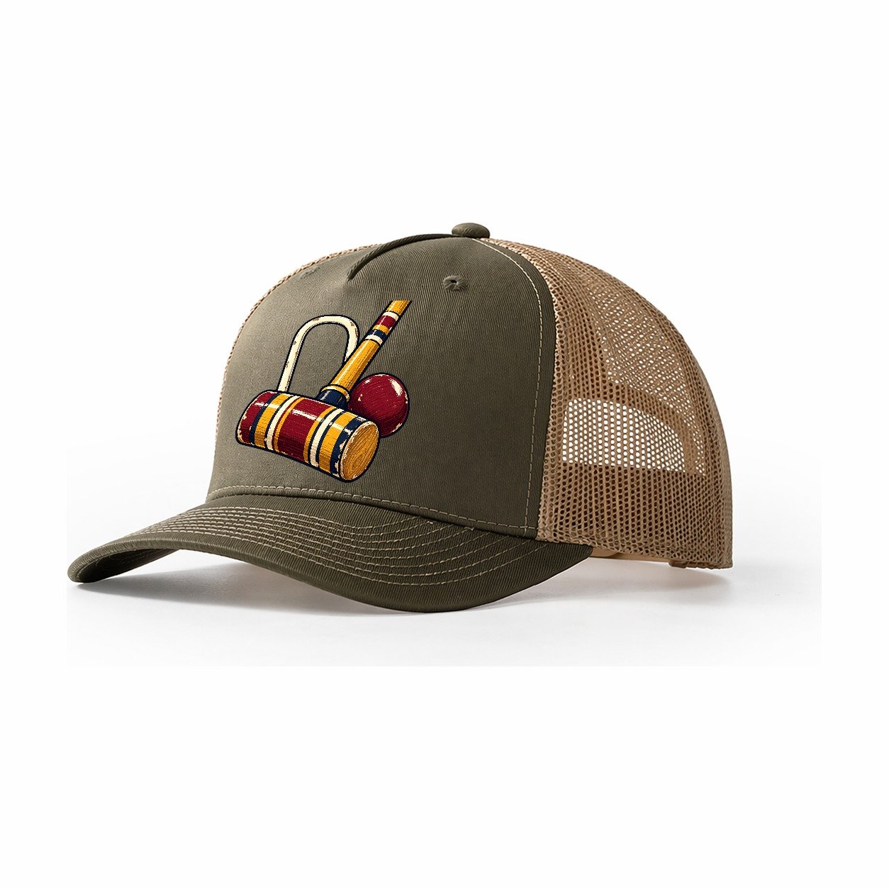 Croquet Mallet Hoop And Burgundy Ball Uk Culture Heritage Trucker Hat – Olive Khaki