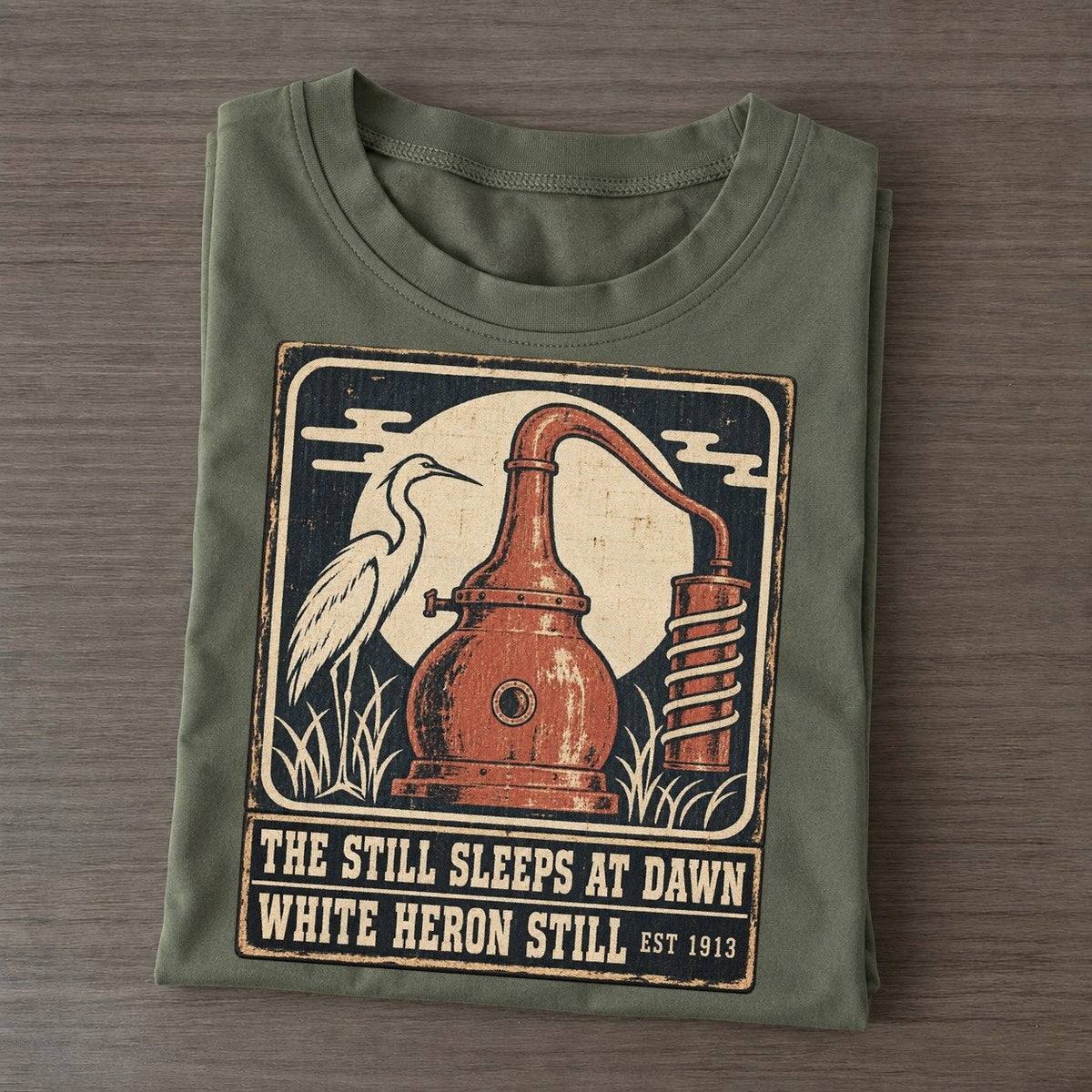 White Heron Still Izakaya Rules Classic T-shirt – Army Green