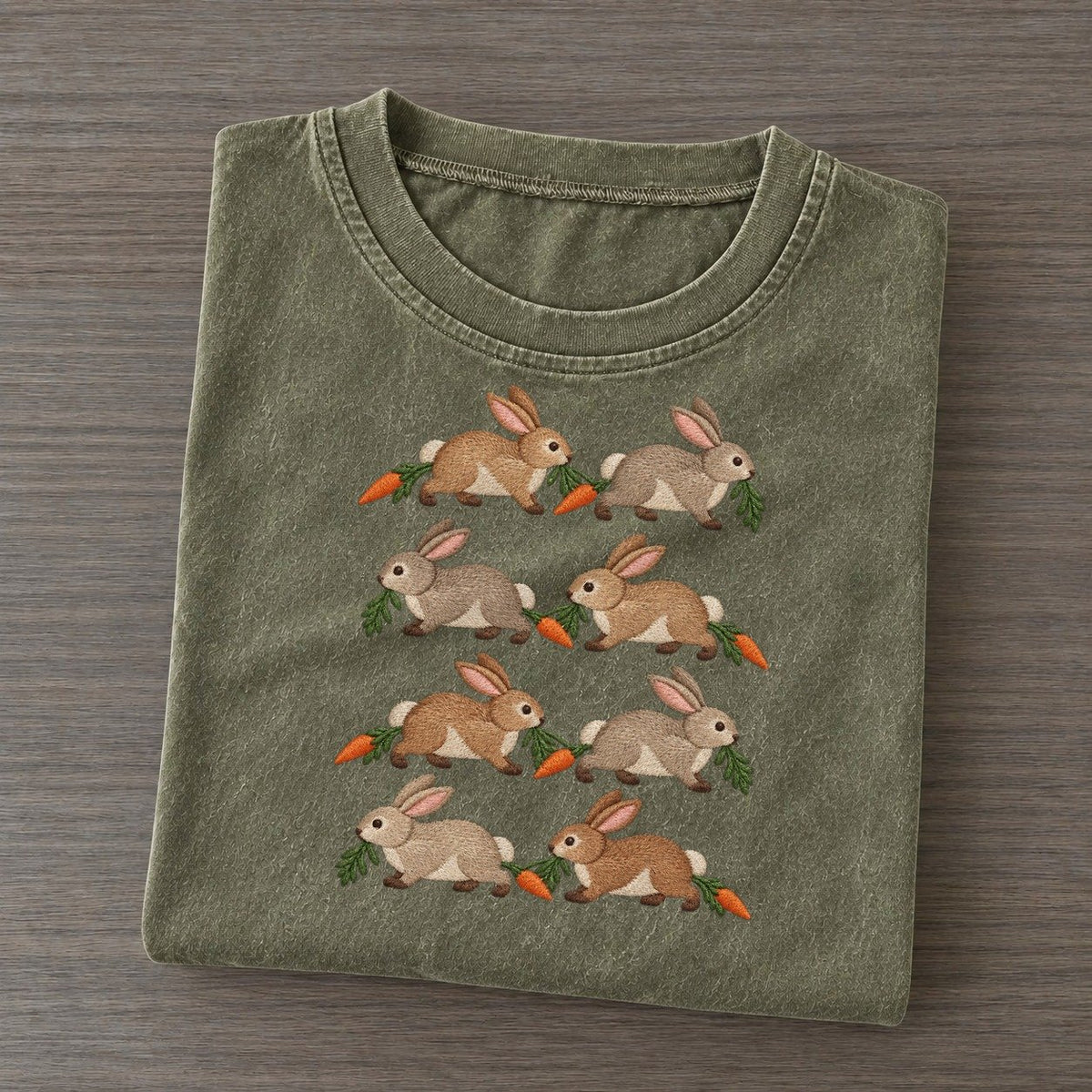 Rabbits With Carrots Single File Vintage T-shirt – Army Green