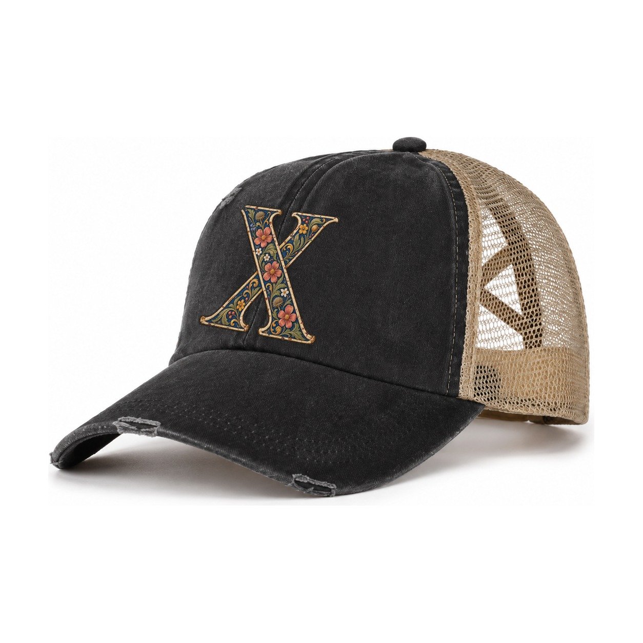 Wildflower X Monogram Women's Ponytail Trucker Hat – Washed Black Khaki