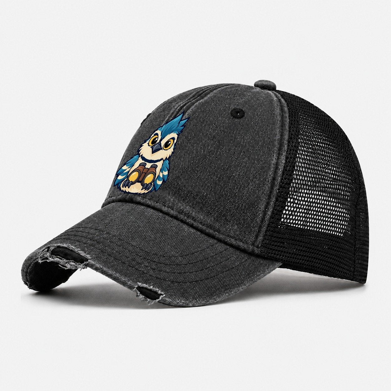 Jay With Binoculars Birdwatching Washed Trucker Hat – Black