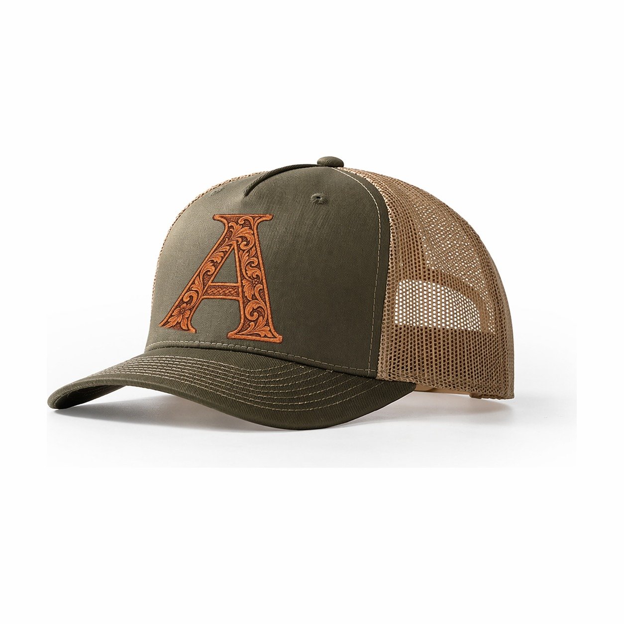 Tooled Leather A Monogram Trucker Hat – Olive Khaki