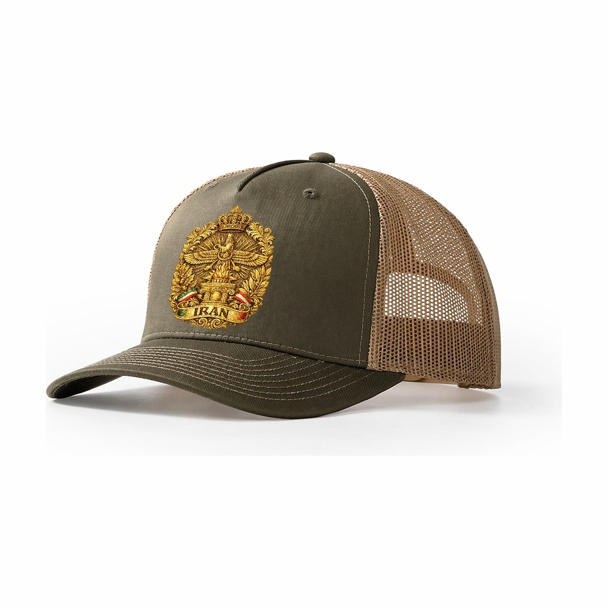 Iran Fire Temple Emblem Trucker Hat – Olive-Khaki