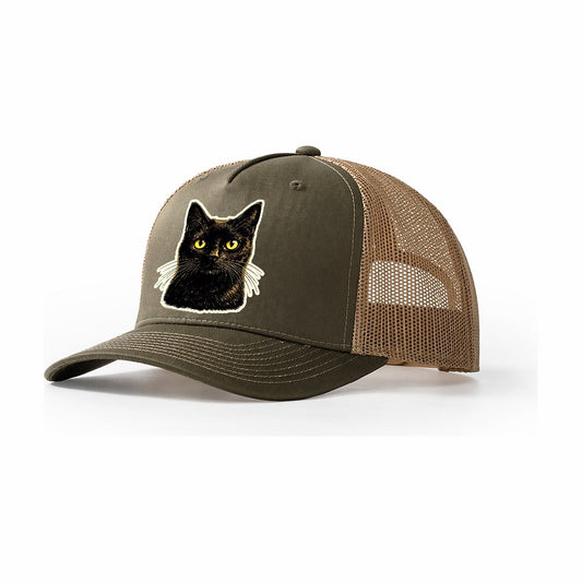 Green Eyed Black Cat Trucker Hat – Olive Khaki
