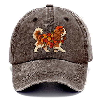 One Cavalier King Charles Spaniel In Halloween Costume Fallen Leaf Pile Costume With Orange And Red Felt Leaves Halloween Dog Parade Classic Cap – Brown
