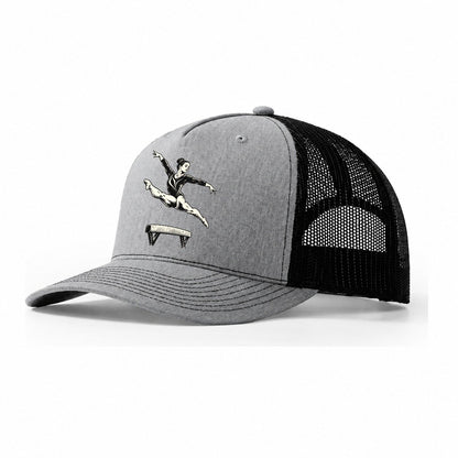Gymnast Balance Beam Leap Global Sports Ink Figures Trucker Hat – Sport Grey Black