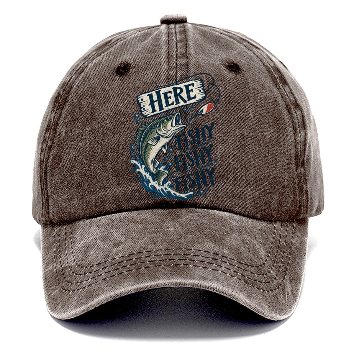 Here Fishy Fishy Bass Splash Classic Cap – Brown