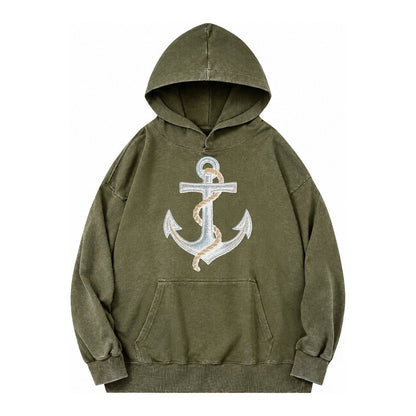 Anchor And Rope Nautical Illustration Vintage Washed Hoodie – Army Green
