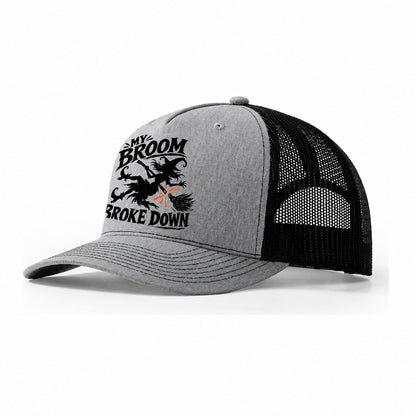My Broom Broke Down Slogan Witch Magic Trucker Hat – Sport Grey Black