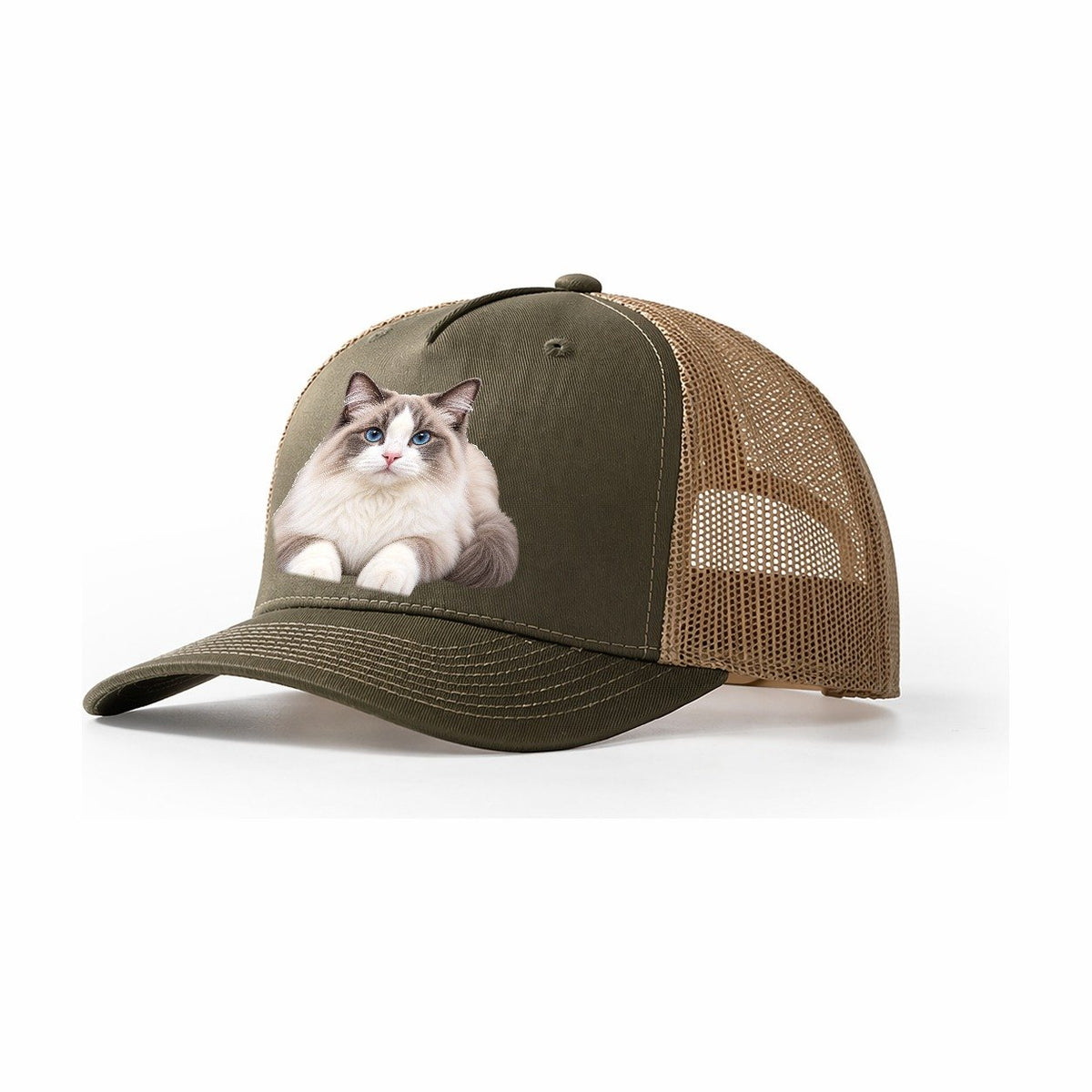 Ragdoll Reclining Paws Forward Realistic Cat Portrait Trucker Hat – Olive Khaki