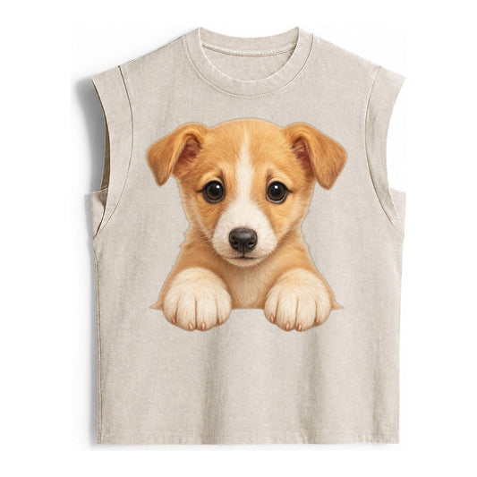 Whippet Fawn Colored Design Vintage Washed Tank – Beige