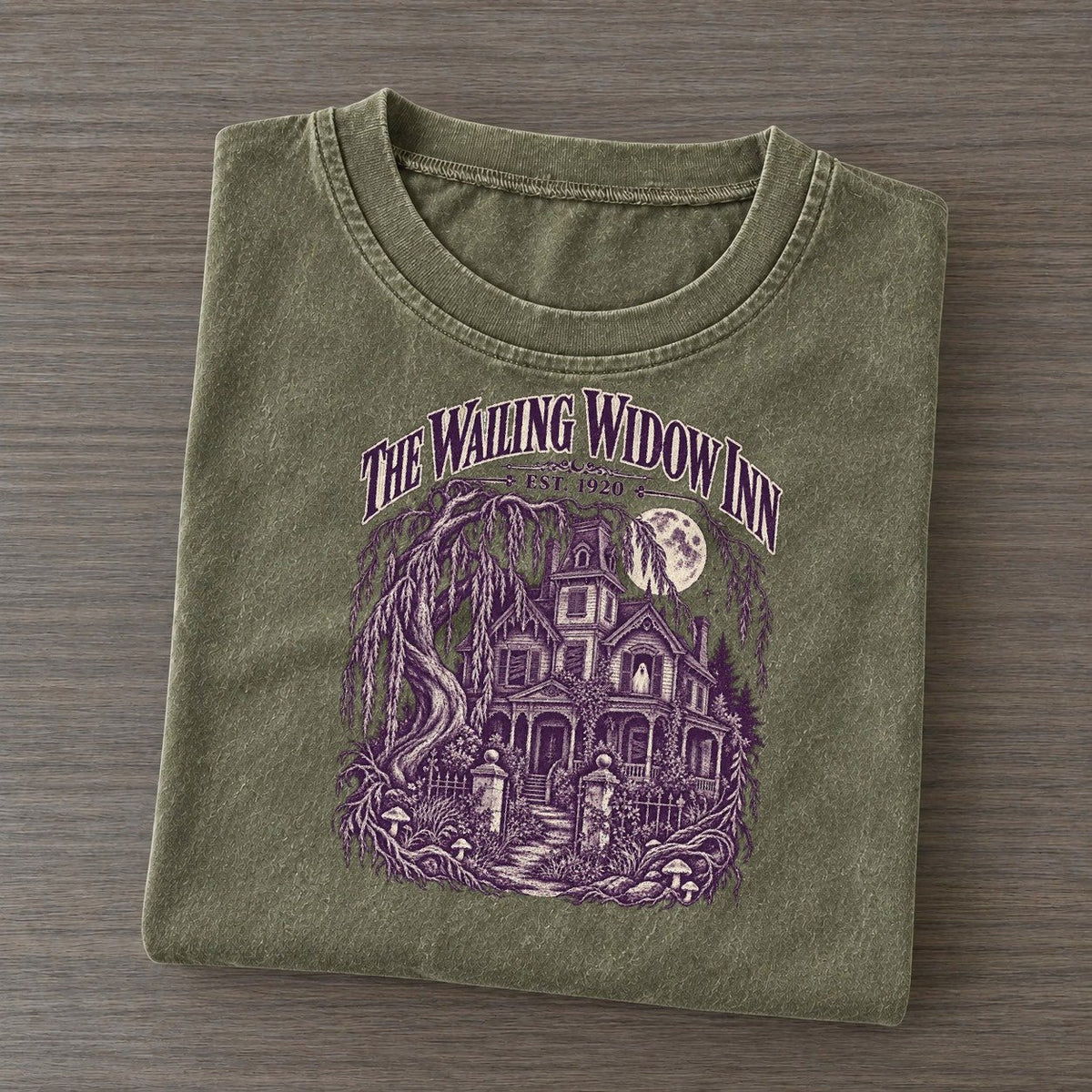 The Wailing Widow Inn Midnight Haunt Vintage T-shirt – Army Green