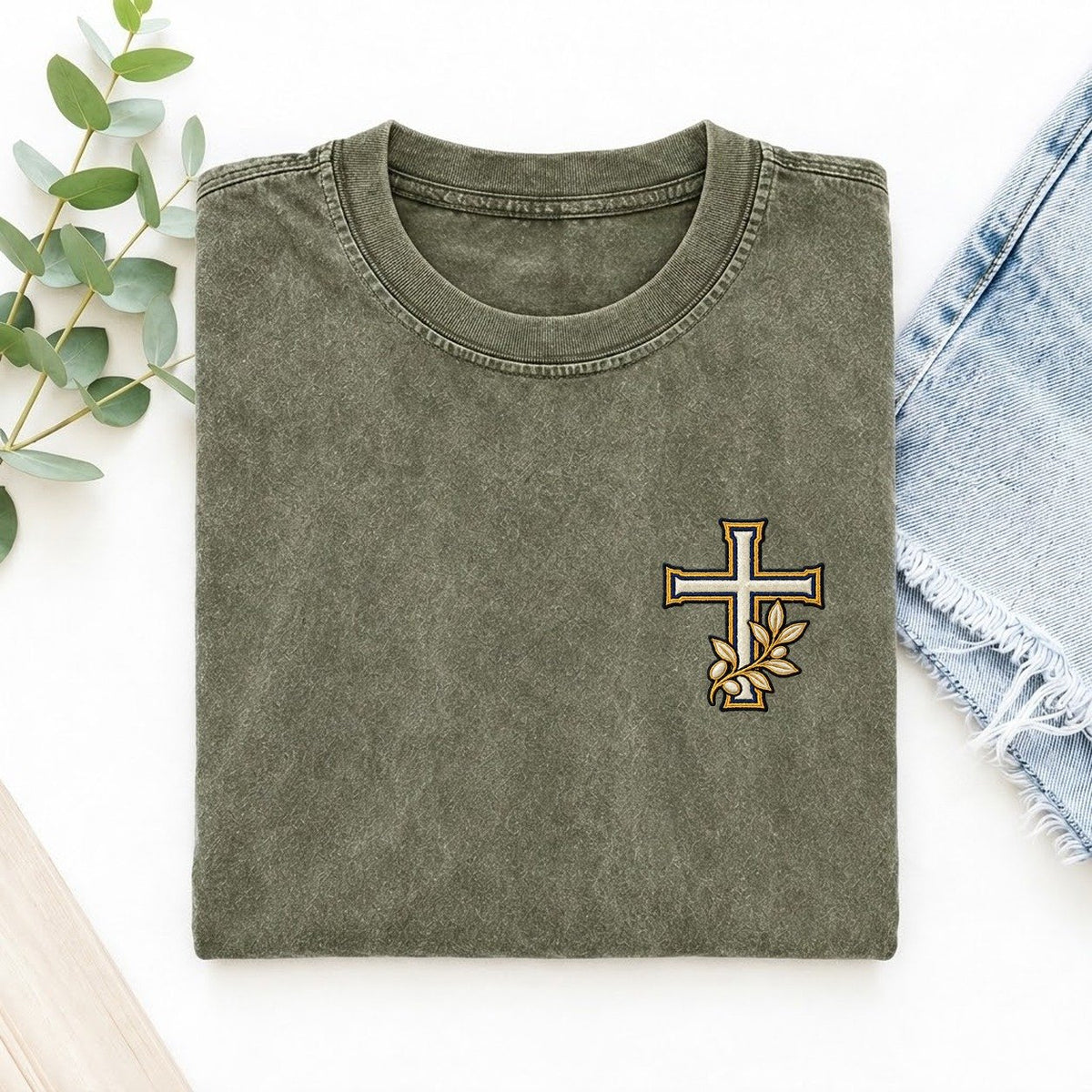 Olive Cross Symbol Emblems Left Chest Vintage T-shirt – Army Green