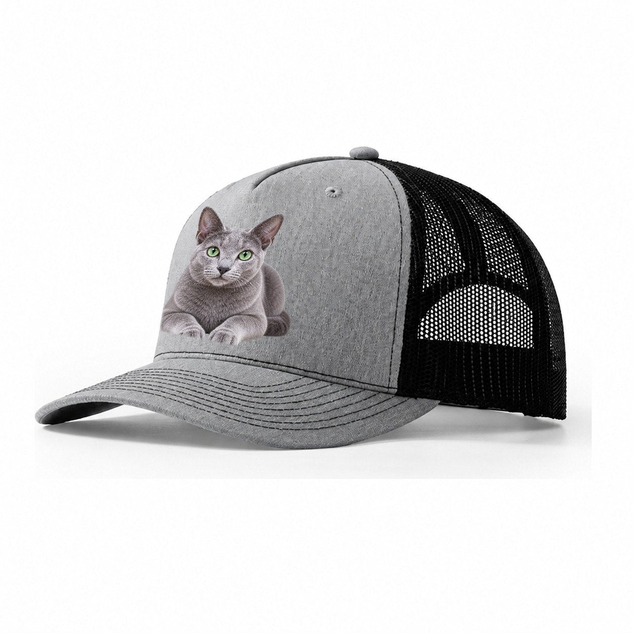 Russian Blue Reclining Paws Forward Realistic Cat Portrait Trucker Hat – Sport Grey Black
