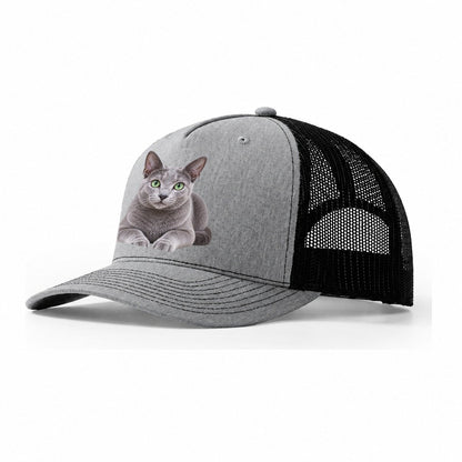 Russian Blue Reclining Paws Forward Realistic Cat Portrait Trucker Hat – Sport Grey Black