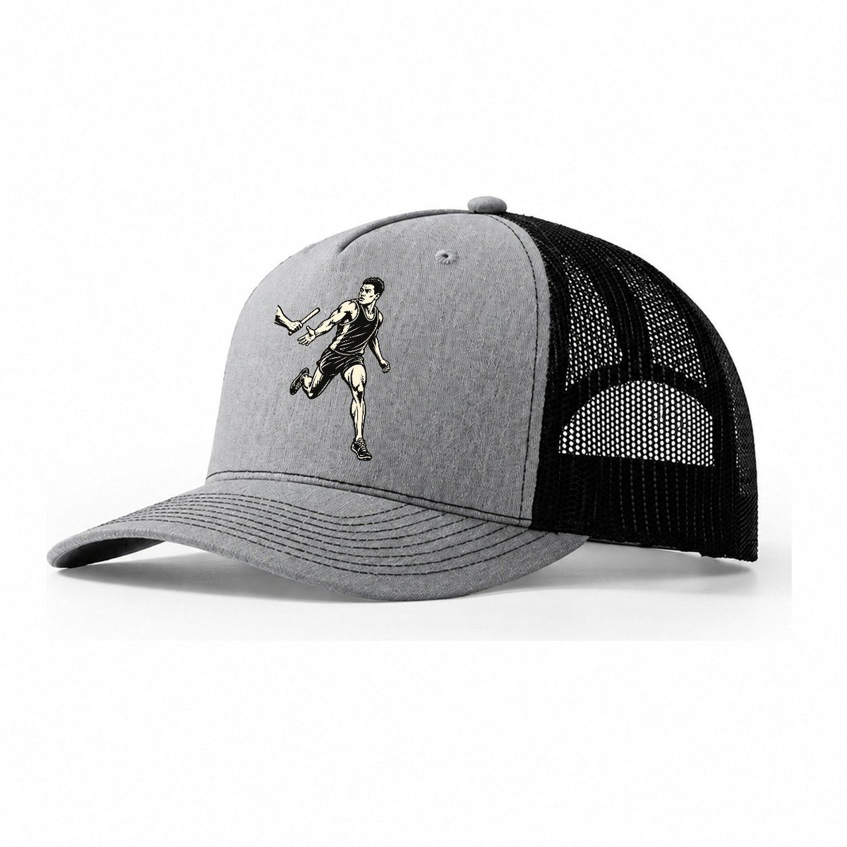 Relay Runner Receiving Baton Global Sports Ink Figures Trucker Hat – Sport Grey Black