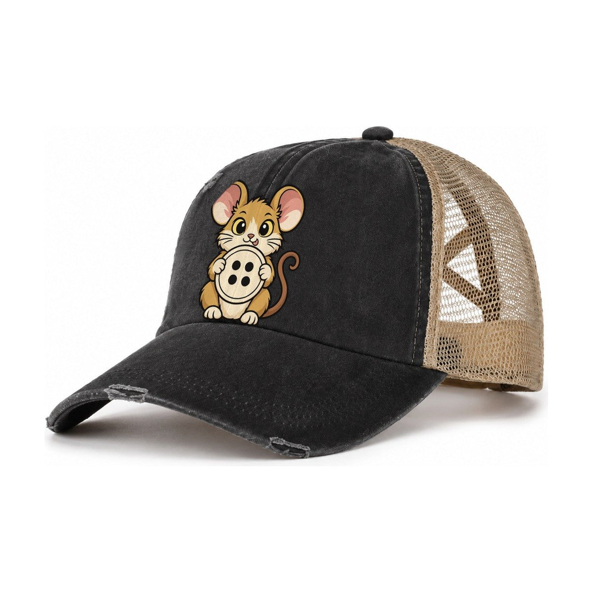 The Sewing Room Mouse Sewing And Quilting Women's Ponytail Trucker Hat – Washed Black Khaki
