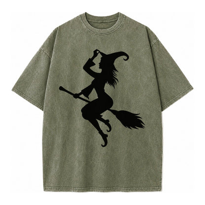 202308151409 Witch On Broom 4 Vintage T-shirt – Army Green