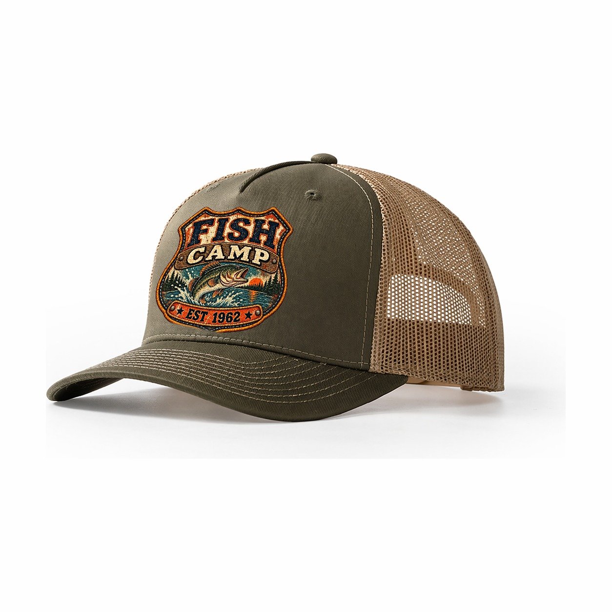 Fish Camp Est Nineteen Sixty Two Fishing Club Trucker Hat – Olive Khaki