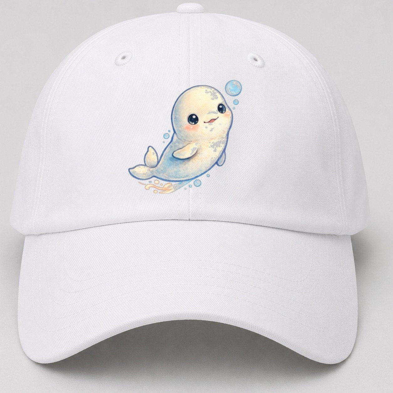 Beluga Whale Bubble Rise Sea Sprite Baseball Cap – White