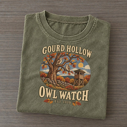 Owl Watch Gourd Hollow Vintage T-shirt – Army Green