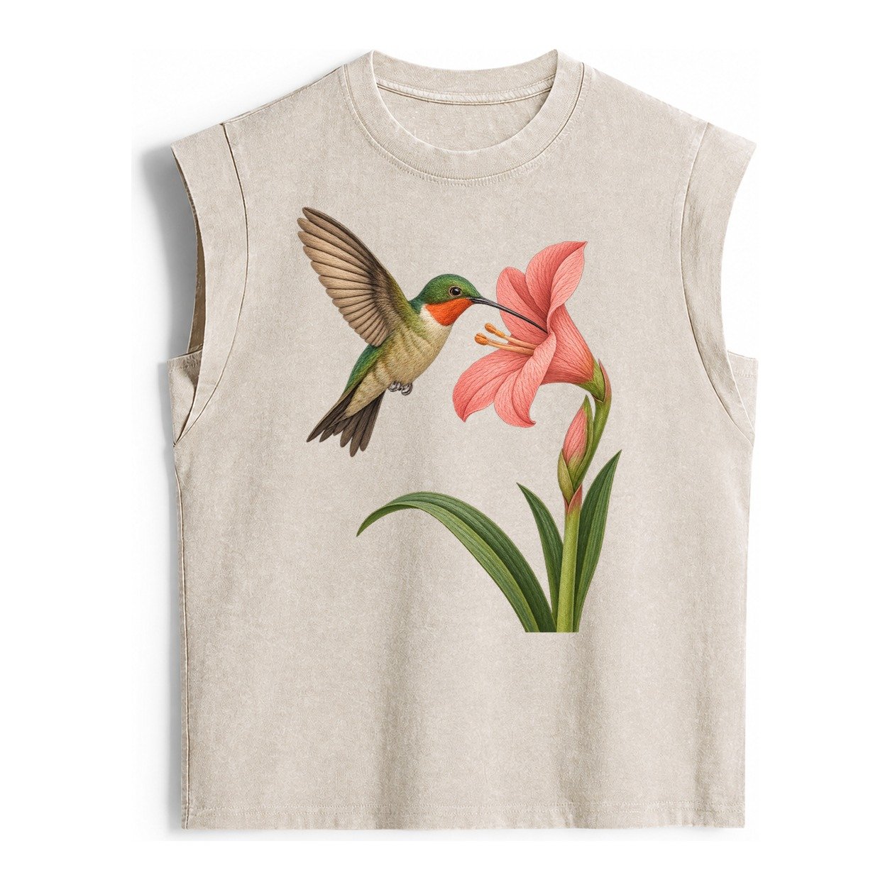 Hummingbird Haven Vintage Washed Tank – Beige