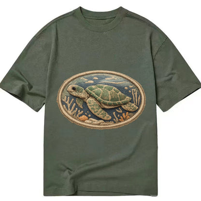 Embroidered Patch Design Sea Turtle Swimming Turtle In Green Classic T-shirt – Army Green