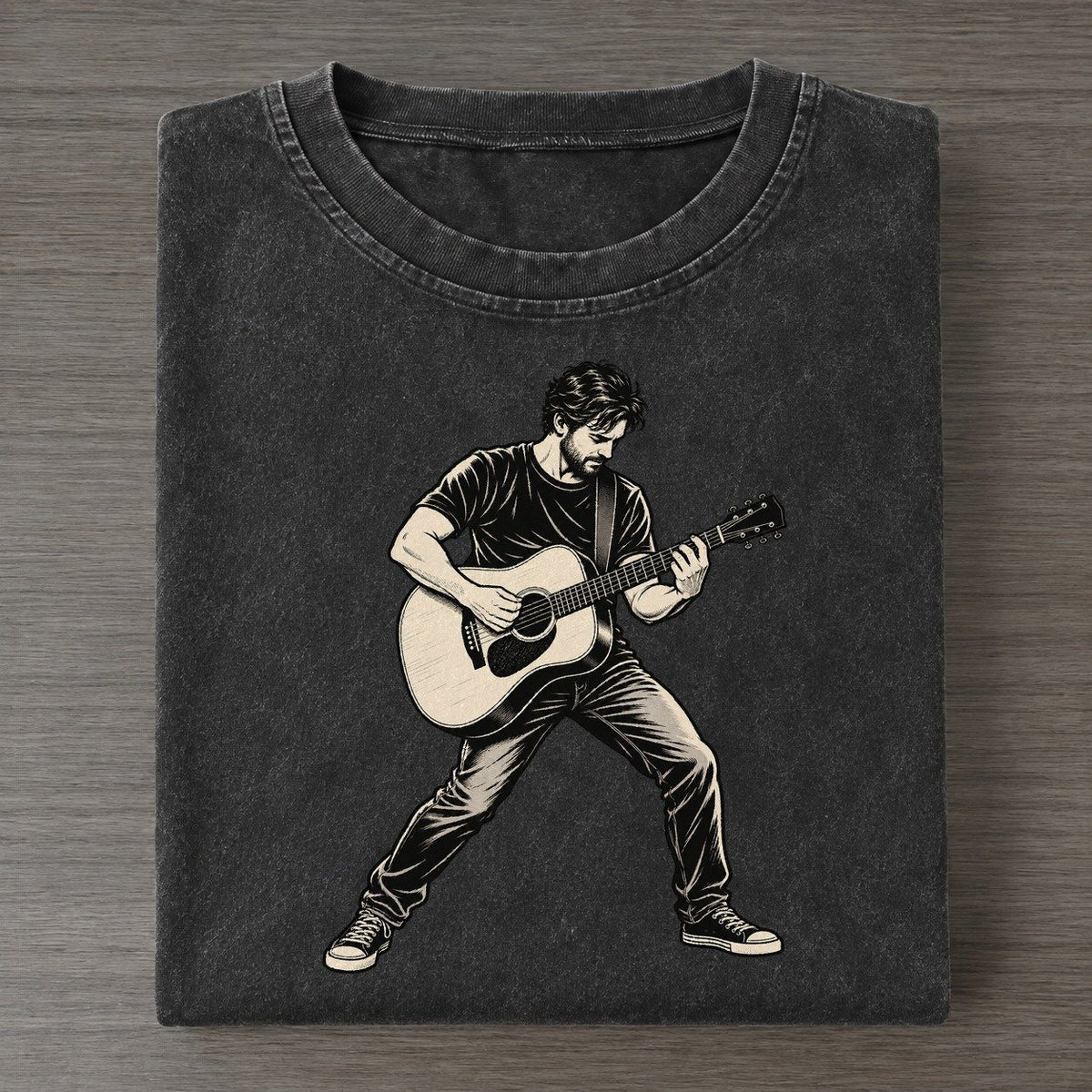 Acoustic Guitar Standing Strum Global Music Ink Figures Vintage T-shirt – Black