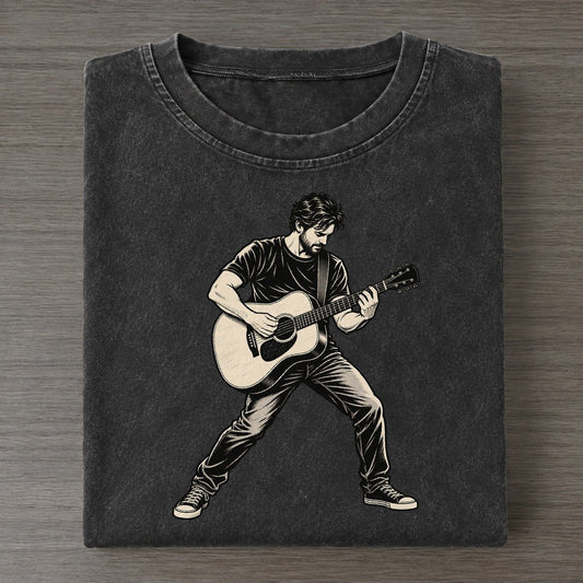Acoustic Guitar Standing Strum Global Music Ink Figures Vintage T-shirt – Black