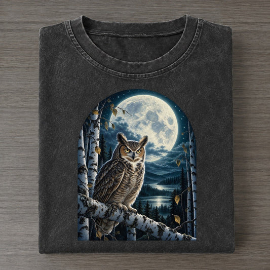 Owl In The Birches Moon Country Vintage T-shirt – Black