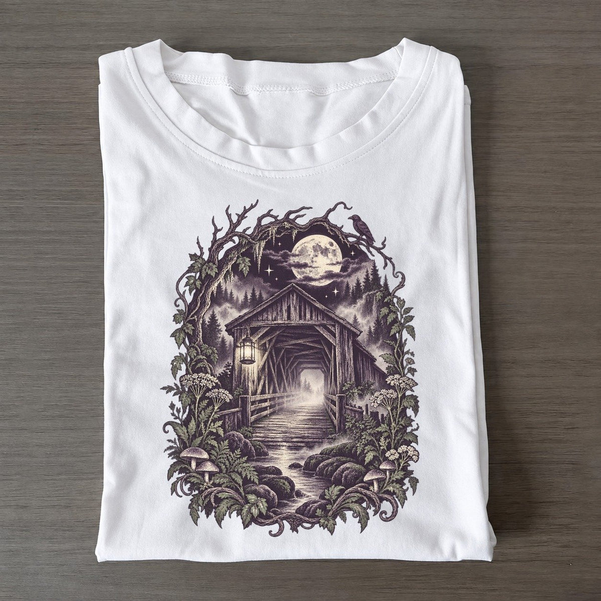 Covered Bridge In Fog Midnight Haunt Classic T-shirt – White