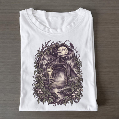 Covered Bridge In Fog Midnight Haunt Classic T-shirt – White