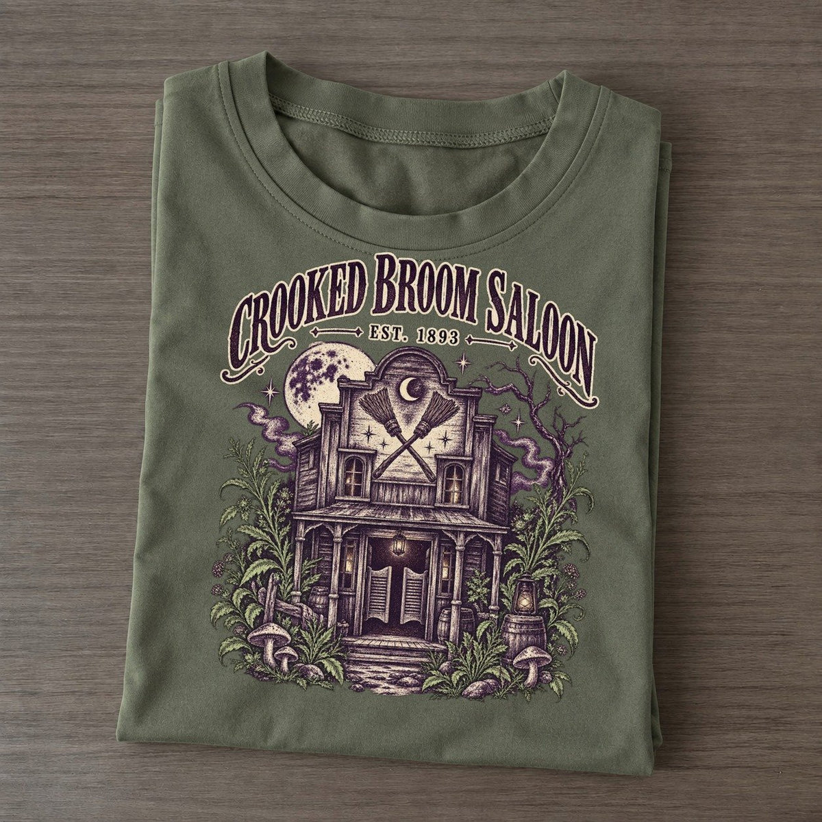 Crooked Broom Saloon Midnight Haunt Classic T-shirt – Army Green