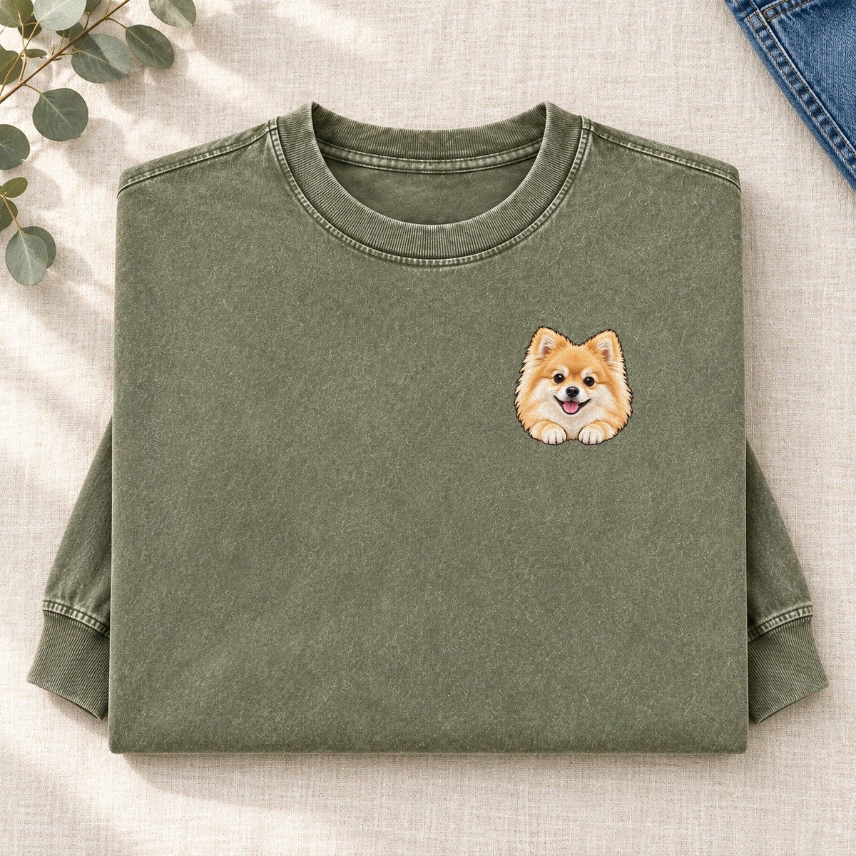 Pomeranian Left Chest Washed Long Sleeve T-Shirt – Army Green